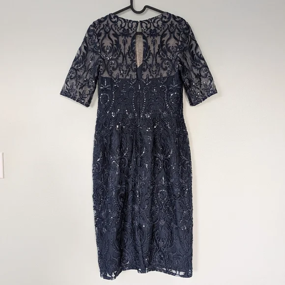 JJs House Navy Lace Midi Dress with Sequins. Sheer neck & sleeves. NWT.  Size 6 - Picture 7 of 11